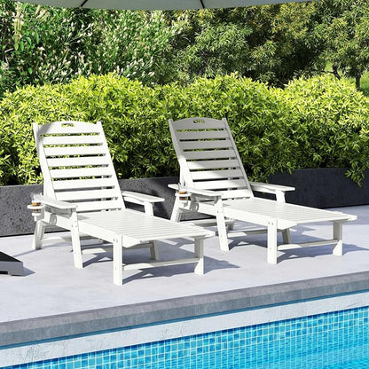 Giantex Lounge Chair Outdoor, Oversized Chaise Lounge Chair with 4-Position Backrest, Rotatory Cup Holder, Weatherproof HDPE Patio Lounge Chair for Outside Garden Deck Poolside Backyard, White (1)