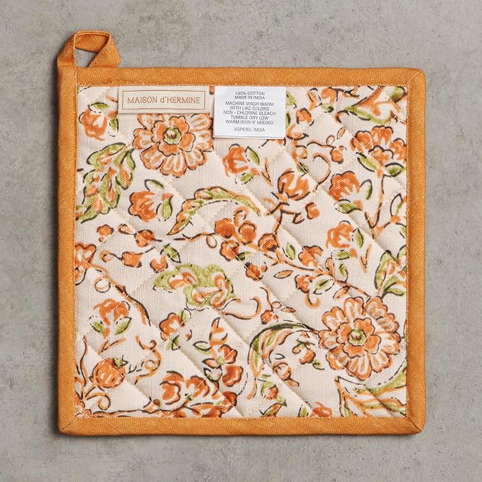 Maison d' Hermine Pot Holders 100% Cotton Potholders (8" x 8", Pack of 2) | Heat Resistant Hot Pads with Loop BBQ Cooking Baking Hotel Kitchen Handling Hot Pans Thanksgiving Christmas - Pumpkin Spice
