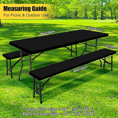 Smiry Picnic Table Cover with Bench Covers, Waterproof Elastic Fitted Polyester Tablecloths for 5 Ft Rectangle Tables, Washable Windproof Tablecloth for Camping, RV & Outdoor (Black, 30x60 Inches)