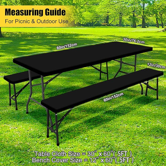 Smiry Picnic Table Cover with Bench Covers, Waterproof Elastic Fitted Polyester Tablecloths for 5 Ft Rectangle Tables, Washable Windproof Tablecloth for Camping, RV & Outdoor (Black, 30x60 Inches)
