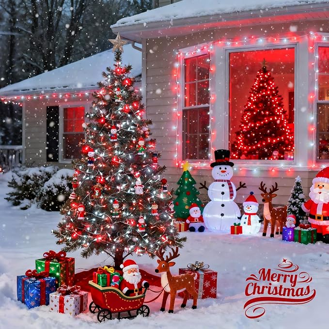 JMEXSUSS 2 Pack Red and White Battery Christmas Lights | Each 33ft 100 LED Battery Powered String Lights with Remote for Tree Patio Yard House Party Birthday Outside