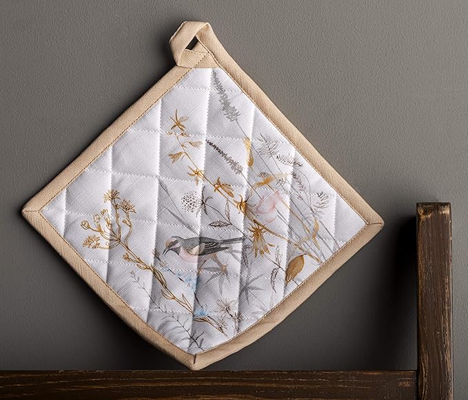 Maison d' Hermine Pot Holders 100% Cotton Heat Resistant Potholders 8" x 8" Hot Pads with Loop BBQ Baking Hotel Farmhouse Kitchen Handling Hot Pans Spring Summer (Pack of 1, Meadow Florals - Beige)