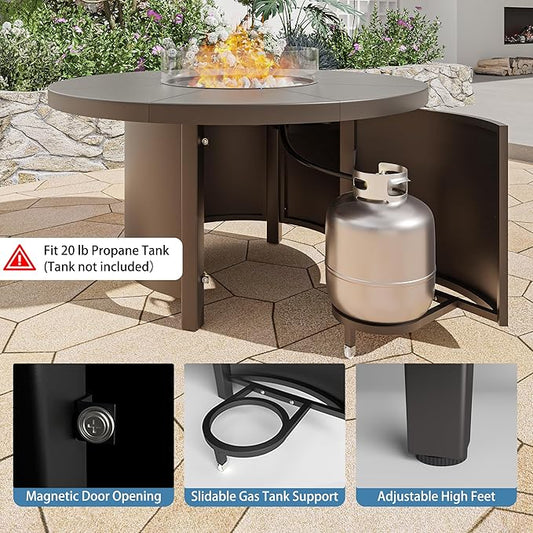 48" Round Propane Fire Pit Table,55000 BTU Round Firepit,Outdoor Fire Pit with Fire Glass,Lid,Waterproof Cover and Blue Glass Stone for Backyard,Garden,Patio