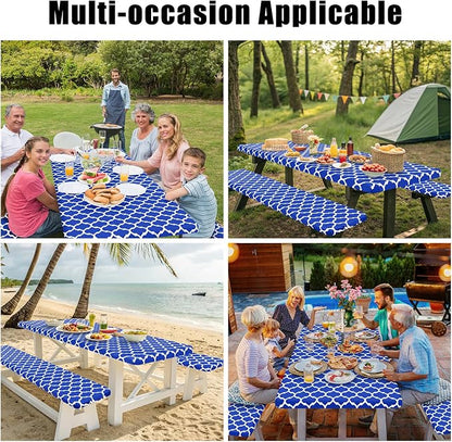 Smiry Picnic Table Cover with Bench Covers, Waterproof Elastic Fitted Tablecloth for 6 Foot Tables, Washable Polyester Tablecloths for Camping, Indoor & Outdoor (Blue, 30x72 Inch 3-pc Set)