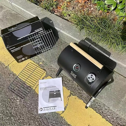 Portable charcoal grill with thermometer and double-sided grill net, suitable for camping and backyard smoking barbecue