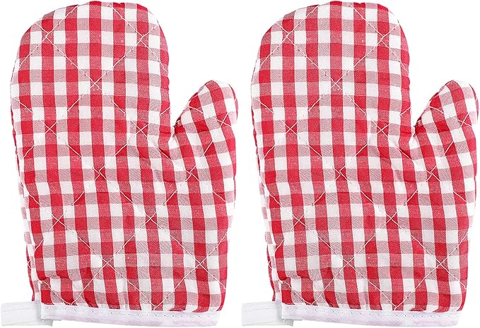 2Pcs Oven Mitts for Play Kitchen, Anti- Scald Gloves Microwave Oven Gloves Kitchen Mitts for Safe Baking Cooking (Red Checkered)