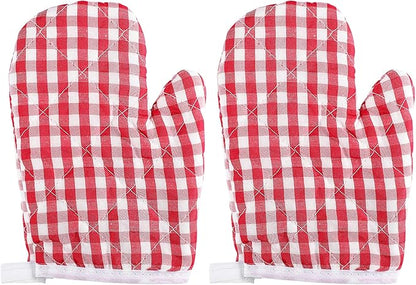 2Pcs Oven Mitts for Play Kitchen, Anti- Scald Gloves Microwave Oven Gloves Kitchen Mitts for Safe Baking Cooking (Red Checkered)