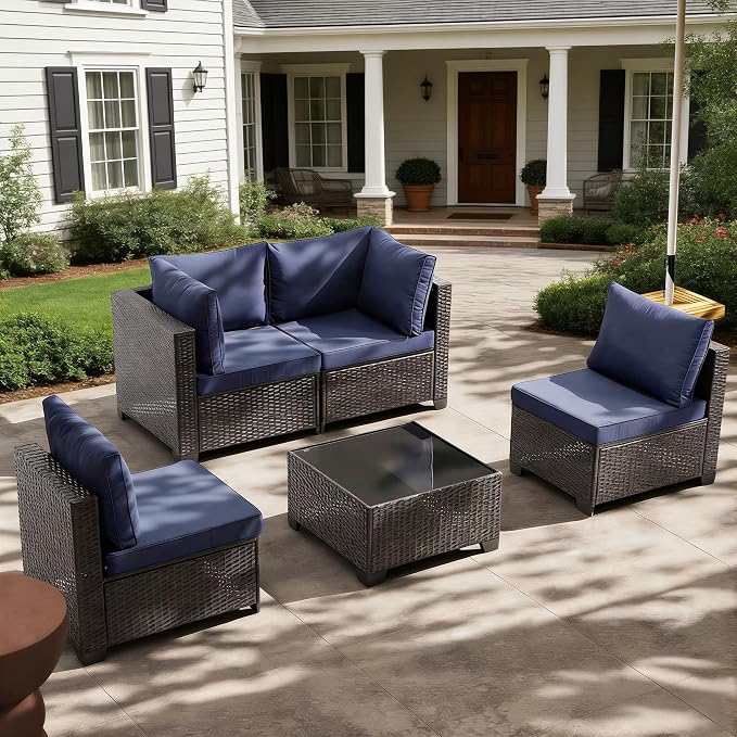 MOCHITO 5 Pieces Outdoor Patio Furniture Sets, All-Weather Sectional Sofa Dark Brown PE Rattan Wicker Conversation Set with Glass Table and Washable Blue Cushions for Backyard,Sunroom,Garden,Porch