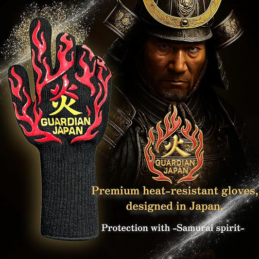 Premium Heat Resistant BBQ Gloves – Fireproof 1472°F Aramid Grill Mitts for Barbecue, Smoker, Campfire, Fire Pit, Oven, Japanese Supervised Design (炎-HONO-Red, L)