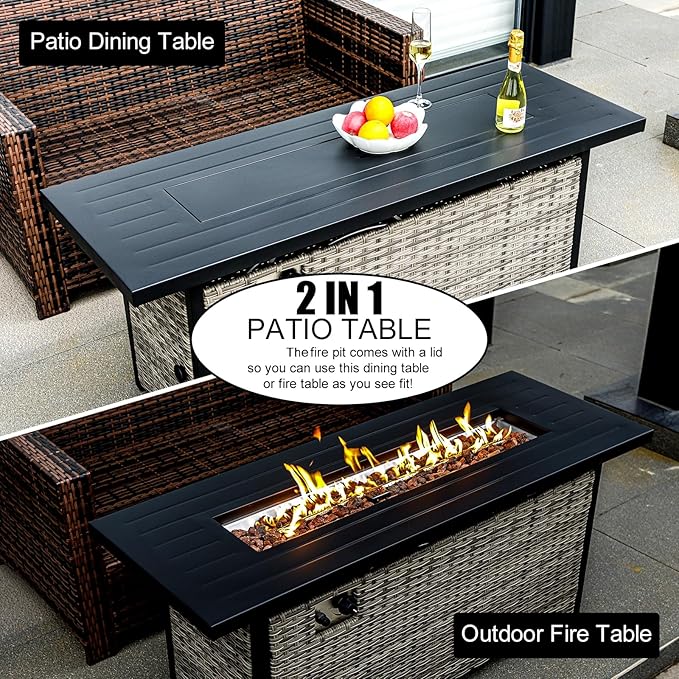EcoNook 57 inch Propane fire Pit Table with Waterproof Cover & Ratten Side Panel, 50000 BTU Gas Firepit Table with Lid & Lava Rock, Outdoor Fire Pit for Dining or Party, Firepit for Outside, Patio