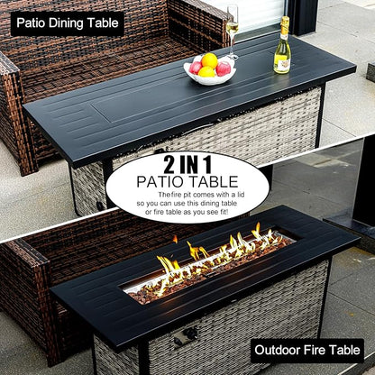 EcoNook 57 inch Propane fire Pit Table with Waterproof Cover & Ratten Side Panel, 50000 BTU Gas Firepit Table with Lid & Lava Rock, Outdoor Fire Pit for Dining or Party, Firepit for Outside, Patio