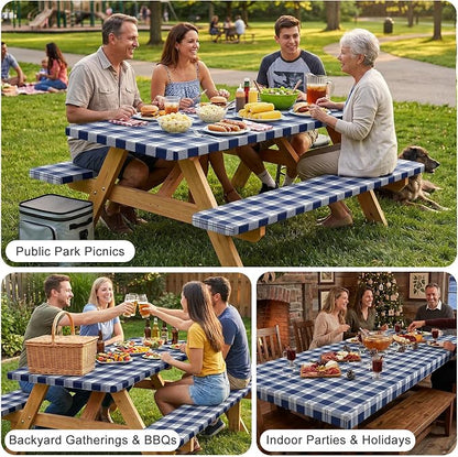 Picnic Table Cover with Bench Covers Windproof Waterproof Picnic Table Covers Camping Tablecloth with Self-Storage Bag, 96in, Blue