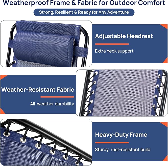 Chaise Lounge Chair Outdoor Set of 2, Oversized Zero Gravity Chair, Blue | Foldable Lounge Chair with Cup Holder, Lawn Chairs Adjustable with Side Table Headrest, Portable Camping Chair for Outdoor