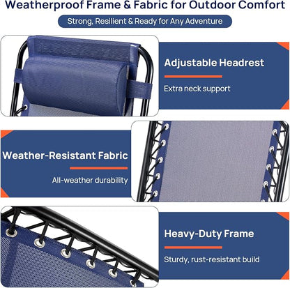 Chaise Lounge Chair Outdoor Set of 2, Oversized Zero Gravity Chair, Blue | Foldable Lounge Chair with Cup Holder, Lawn Chairs Adjustable with Side Table Headrest, Portable Camping Chair for Outdoor