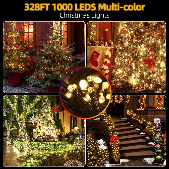 MZD8391 328FT 1000 LED Christmas Light Outdoor Indoor, Christmas Tree Light | Warm White, 100% UL Listed, Waterproof, 8 Light Modes, Timer & Memory, Christmas String Light Decoration, Fairy Tree Light