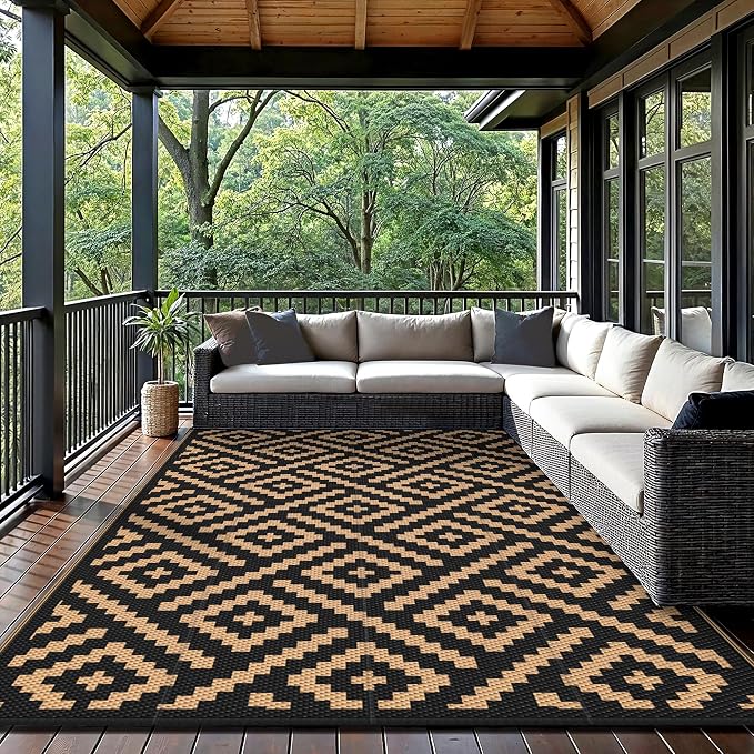 GENIMO Outdoor Rug, Waterproof Plastic Rugs for Patio, 6'x9' Black Brown | Outside Larger Modern Carpet Mat for Porch Decor, Deck, Balcony, Camping, RV, Backyard, Picnic, Beach, Reversible, Foldable