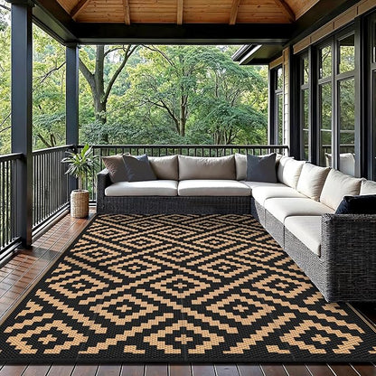 GENIMO Outdoor Rug, Waterproof Plastic Rugs for Patio, 5'x8' Black Brown | Outside Larger Modern Carpet Mat for Porch Decor, Deck, Balcony, Camping, RV, Backyard, Picnic, Beach, Reversible, Foldable