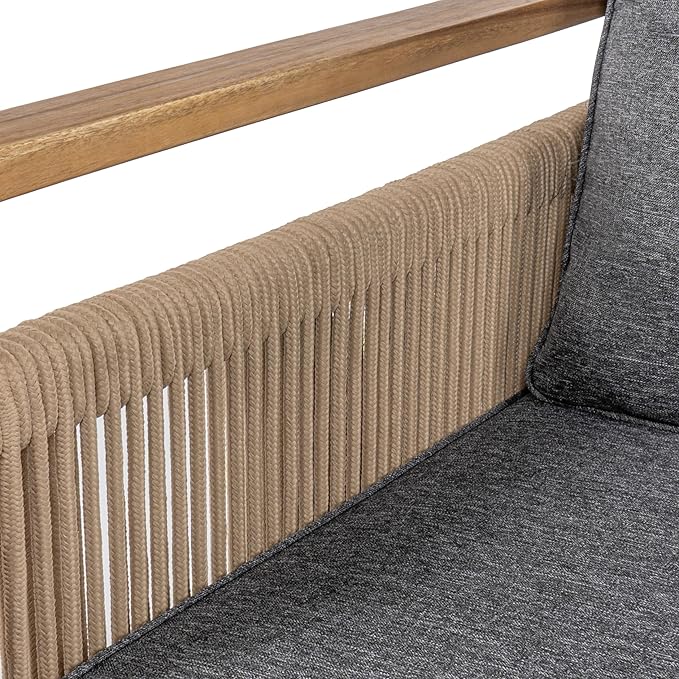 JONATHAN Y Gable Acacia Wood and Woven Rope 63" Outdoor Sofa, 3-Seater Patio Bench with Weather-Resistant Gray Cushions for Backyard and Porch, Bohemian Style, Teak Brown Finish SFB1002B
