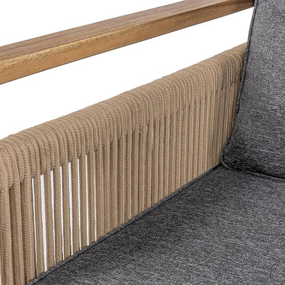 JONATHAN Y Gable Acacia Wood and Woven Rope 63" Outdoor Sofa, 3-Seater Patio Bench with Weather-Resistant Gray Cushions for Backyard and Porch, Bohemian Style, Teak Brown Finish SFB1002B