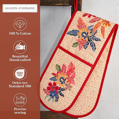 Maison d' Hermine Double Oven Mitt (7" x 35") 100% Cotton Heat Resistant BBQ Cooking Gloves with Loop for Thanksgiving Christmas Decorations Baking Cooking Barbeque Handling Hot Pan (Kalahari)