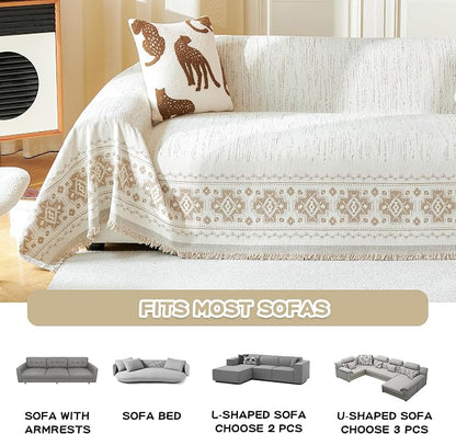 MEETSKY Boho Sectional Couch Cover Washable for Dogs, Chenille Loveseat Sofa Covers Pet Friendly Couch Covers