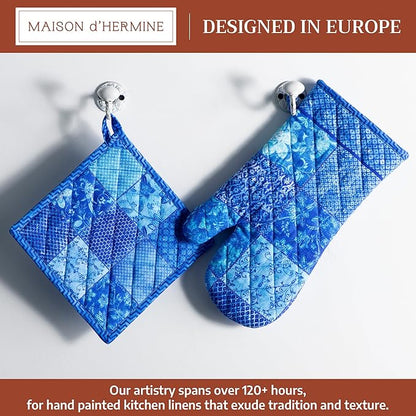 Maison d' Hermine 100% Cotton Oven Mitt & Pot Holder Set (7.5"x13" & 8"x8") Heat Resistant BBQ Cooking Gloves with Loop Baking Grilling Kitchen Hotel Home Farmhouse Spring Summer (Indigo Love)