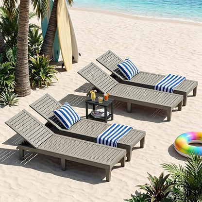 Outdoor Chaise Lounge Chair Set of 4, Grey | 5-adjustable position, all weather resin, lightweight, tanning lounge chairs for pool, patio, beach, outside