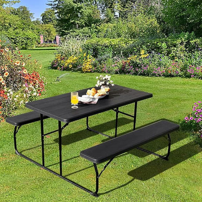 Goplus Foldable Picnic Table with Benches, Rectangular Camping Table Set with Metal Frame, Folding Indoor Outdoor Dining Table Set for Garden, Patio, Backyard (Black)
