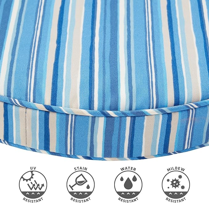Set of 2 Outdoor 18 inch Round Patio Dining Chair Pads – Comfortable Fiber-Filled Seat Cushions with Ties, Reversible Polyester Fabric - Sapphire Stripe