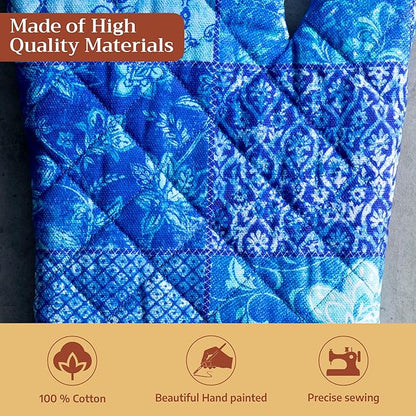 Maison d'Hermine Oven Gloves 100% Cotton Oven Mitt 7" x 13" with Loop Heat Resistant BBQ Cooking Gloves Baking Grilling Kitchen Hotel Home Farmhouse Spring Summer (Pack of 1, Indigo Love)