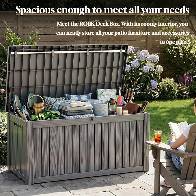 ROJIK 150 Gallon Outdoor Storage Box Waterproof,Weatherproof Deck Boxes Outdoor Lockable,Resin Outside Storage Box for Garden Tools,Cushions,Pool Accessories(Grey,150 Gal)