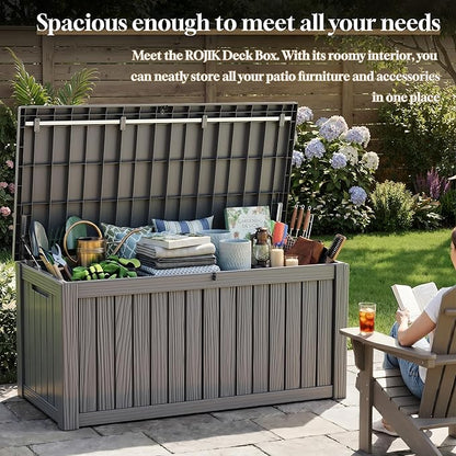 ROJIK 150 Gallon Outdoor Storage Box Waterproof,Weatherproof Deck Boxes Outdoor Lockable,Resin Outside Storage Box for Garden Tools,Cushions,Pool Accessories(Grey,150 Gal)