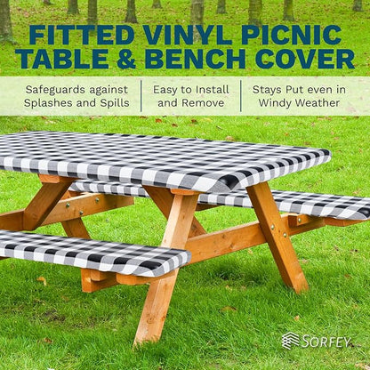 Picnic Table Cover with Bench Covers -Fitted with Elastic, Vinyl with Flannel Back, Fits for Table 30"x 96" Rectangle,Water Proof, Solid Yellow Design