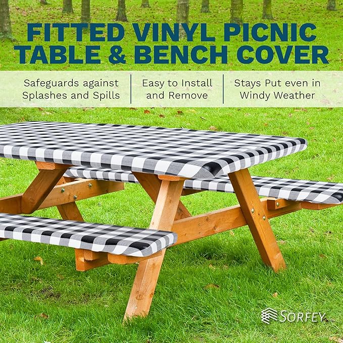 Picnic Table Cover with Bench Covers -Fitted with Elastic, Vinyl with Flannel Back, Fits for Table 30"x 60" Rectangle,Water Proof, Solid Green Design