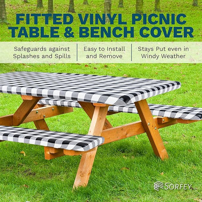 Picnic Table Cover with Bench Covers -Fitted with Elastic, Vinyl with Flannel Back, Fits for Table 30"x 60" Rectangle,Water Proof, Solid Green Design