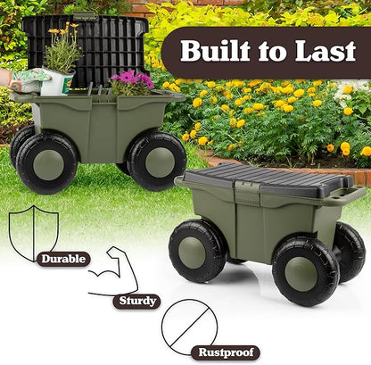 Pure Garden Rolling Garden Cart with Seat, Green | Plastic Garden Bench with Interior Tool Tray for Storage - Gardening Stool for Weeding and Planting