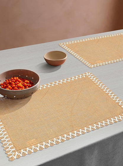 Hausattire Jute Burlap Placemat 14x14 Inches - Natural, Lace Design Edges Table Mats for Bar Table Indoor Outdoor Rustic Easter Farmhouse Kitchen Coffee Dinner Table Decor Mats - Set of 4