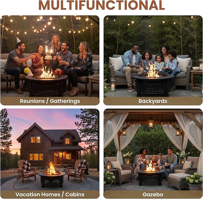 Fire Pit - 32-Inch Outdoor Fireplace with Spark Screen, Poker, and Cover - Wood-Burning Fire Pit for Yard, Patio, or Camping by Pure Garden (Bronze)