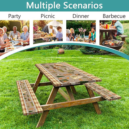 Fitted Picnic Table Cover with Bench Covers & Drawstring Bag, Camping Theme Waterproof Windproof Tablecloth, Elastic Edges Rectangle Table Cover for Outdoor Garden, 3PCS 30x72 Inch