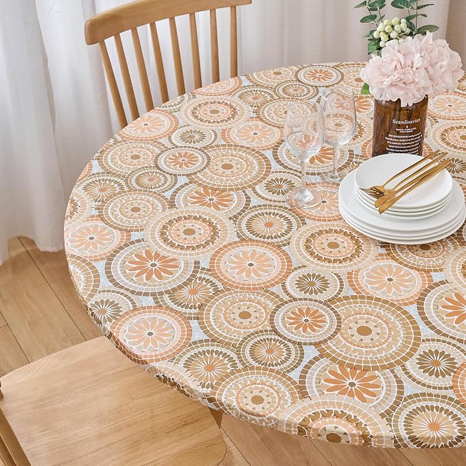 LIBERECOO Round Fitted Tablecloth with Elastic, Flannel Backed Vinyl Tablecloths for 40" - 44" Tables, Waterproof Wipeable Reusable Plastic Table Cloth for Indoor & Outdoor, Boho Sunburst Medallion