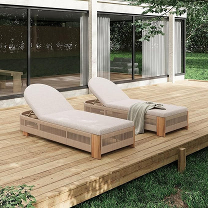 Merax 2-Piece Outdoor Chaise Lounge Chair with Adjustable Backrest & Waterproof Cushion - Acacia Wood Pool Sun Lounger for Patio, Beach, Yard, Garden, Beige