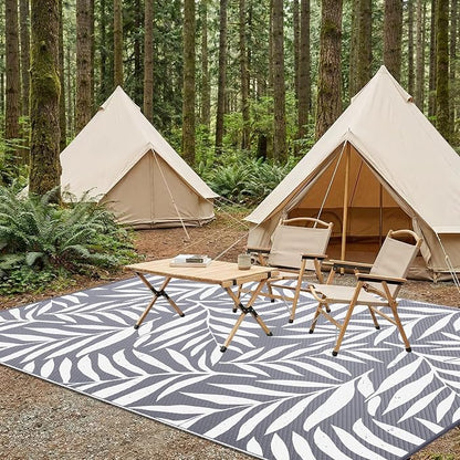 Smiry Outdoor Rug 6x9 ft Waterproof Reversible Leaf Mat, Grey & White | Polypropylene Plastic Straw, Quick Drying, Lightweight Foldable, for Patio, Deck, RV Camping, Backyard and Indoor Outdoor Use