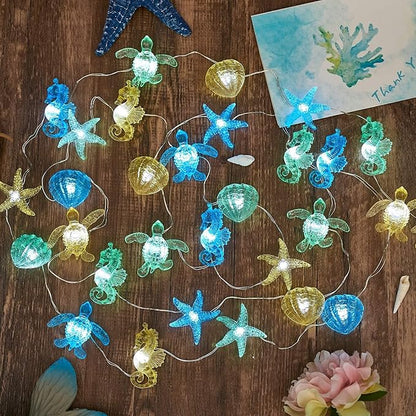 Beach Decorative Lights Marine Sea Life Décor Ocean Fairy Lights Nautical Waterproof Battery Operated String Lights Under The Sea Christmas Tree Decoration 30LED 10ft Summer Garden Tent Decor