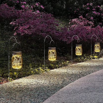 GIGALUMI Hanging Mason Jar Solar Lights, 6 Pack 30 Led Hanging Solar Lanterns Outdoor Waterproof, Hangers and Jars Included, Outdoor Decor for Balcony, Garden, Patio, Yard, Wedding