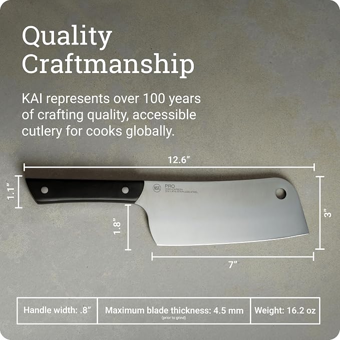 Kai PRO 7" Cleaver | Hand Sharpened Meat Knife, German Din1.14116 Stainless Steel Blade, Full-Tang POM Handle