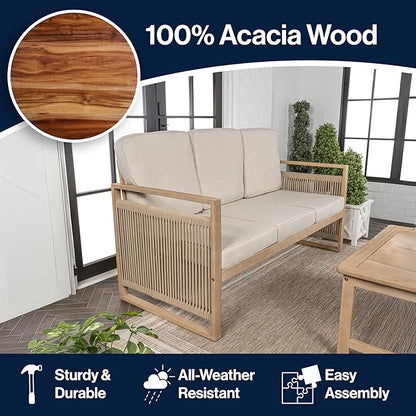 JONATHAN Y Gable Acacia Wood and Woven Rope 63" Outdoor Sofa, 3-Seater Patio Bench with Weather-Resistant Beige Cushions for Backyard and Porch, Bohemian Style, Light Teak Finish SFB1002A