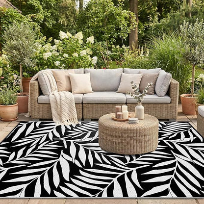 Smiry Outdoor Rug 9x12 ft Waterproof Reversible Leaf Mat, Black & White | Polypropylene Plastic Straw, Quick Drying, Lightweight Foldable, for Patio, Deck, RV Camping, Backyard and Indoor Outdoor Use