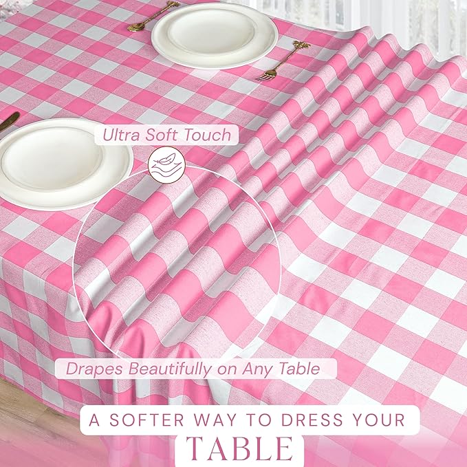 Rose Pink and White Buffalo Check Tablecloth, 60x84 Inches, Plaid Table Cover, 100% Cotton, Washable and Reusable, Perfect for Baby Showers, Birthdays, Weddings and Holiday Gatherings