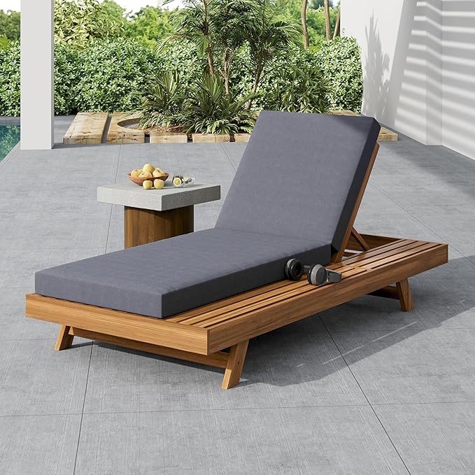 Christopher Knight Home Kayes Acacia Wood Chaise Lounge with 4'' Cushion, Outdoor 79'' Patio Recliner Chair with 4-Position Adjustable Backrest, Sun Lounger for Poolside Backyard, Teak+Dark Gray