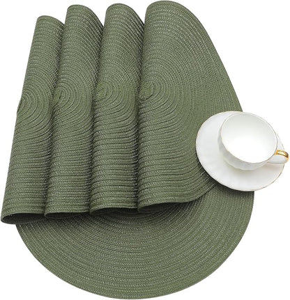 SHACOS Round Placemats Set of 12 Washable 15 inch Round Table Mats Cotton Polyester Woven Braided Place Mats for Dining Table Wedding Party Decor (Olive Green, 12)